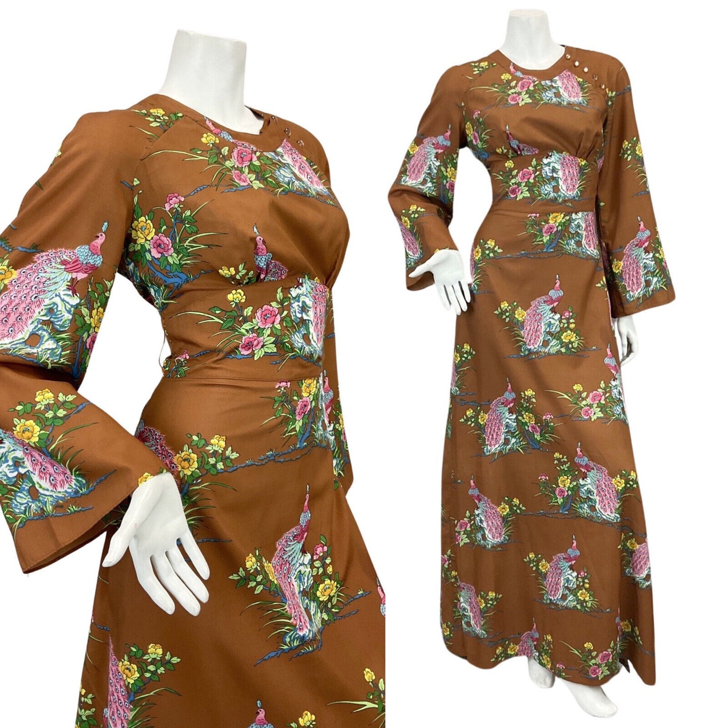VTG 60s 70s BROWN PINK BLUE PEACOCK FLORAL PRINT BOHO FOLK MAXI DRESS 10
