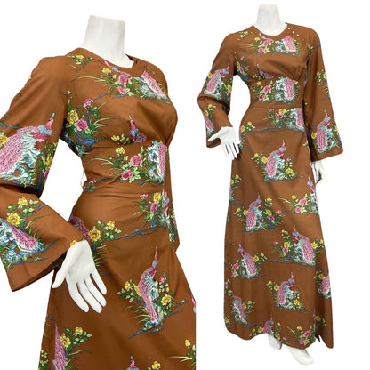 VTG 60s 70s BROWN PINK BLUE PEACOCK FLORAL PRINT BOHO FOLK MAXI DRESS 10