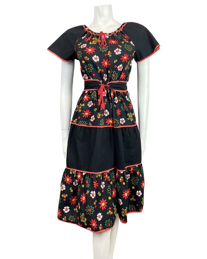 VINTAGE 60s 70s BLACK RED GREEN FLORAL PRAIRIE BOHO TIERED BELTED DRESS 8