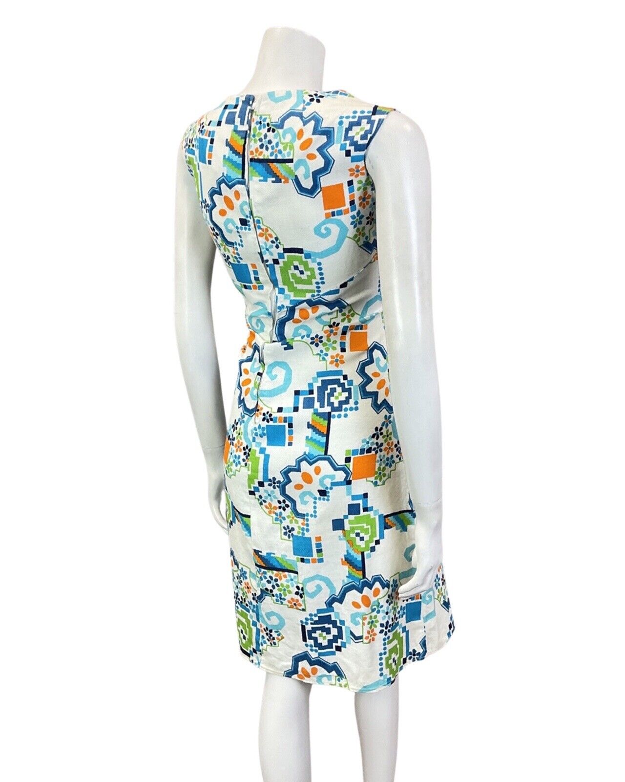 VINTAGE 60s 70s WHITE BLUE ORANGE GEOMETRIC FLORAL MOD SUMMER SUN DRESS 8 10