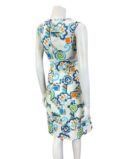 VINTAGE 60s 70s WHITE BLUE ORANGE GEOMETRIC FLORAL MOD SUMMER SUN DRESS 8 10