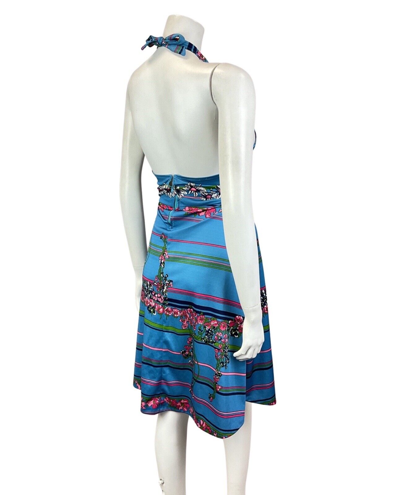VINTAGE 60s 70s BLUE PINK WHITE FLORAL DAISY STRIPED SUMMER HALTER DRESS 12 14