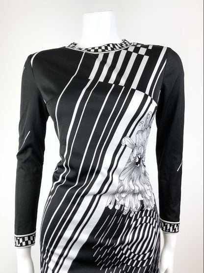 VINTAGE 60s 70s BLACK WHITE STRIPED FLORAL OP-ART FITTED KNEE-LENGTH DRESS 12 14