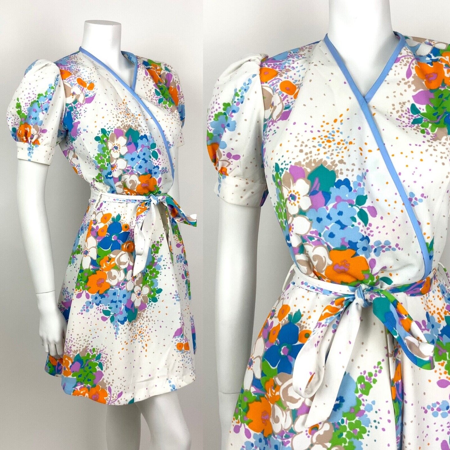 VINTAGE 60s 70s WHITE BLUE ORANGE PURPLE FLORAL WRAP SUMMER DRESS 10 12