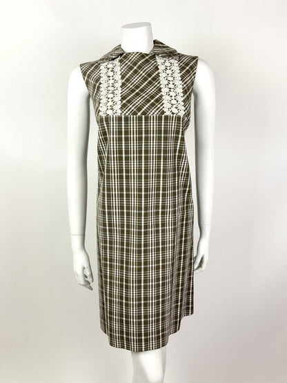 VINTAGE 60s 70s BROWN WHITE PLAID CHECKED LACE MOD SHIFT DRESS 12 14