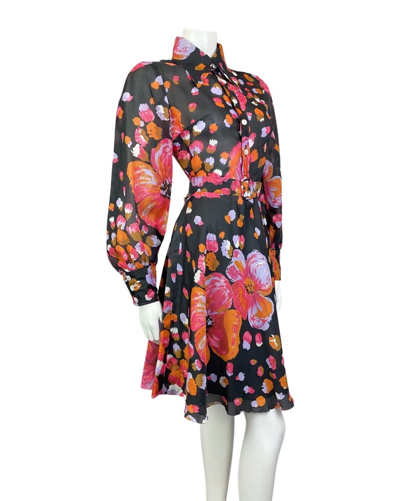 VINTAGE 60s 70s BLACK PINK LILAC FLORAL DAGGER COLLAR SWING SHIRT DRESS 8 10