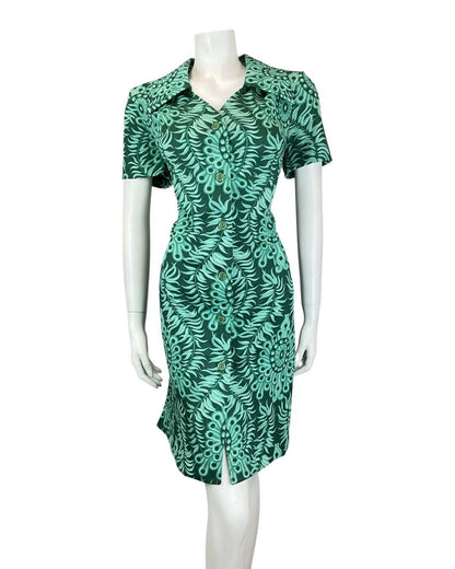 VINTAGE 60s 70s EMERALD GREEN PSYCHEDELIC MANDALA FLORAL DAGGER SHIRT DRESS 16