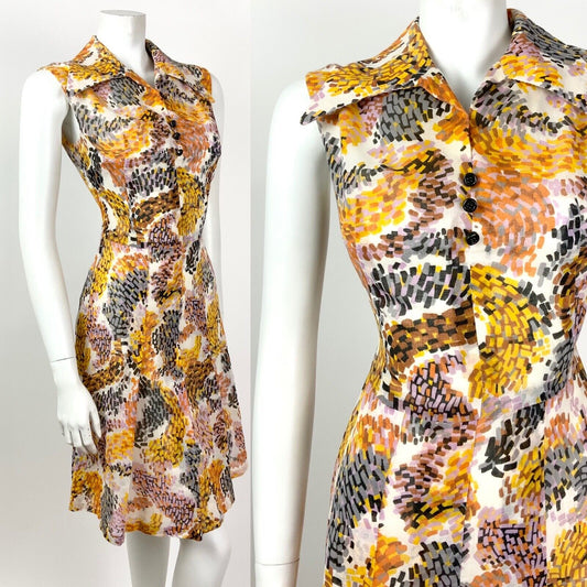 VINTAGE 60s 70s WHITE BROWN ORANGE YELLOW PSYCHEDELIC WING COLLAR DRESS 10