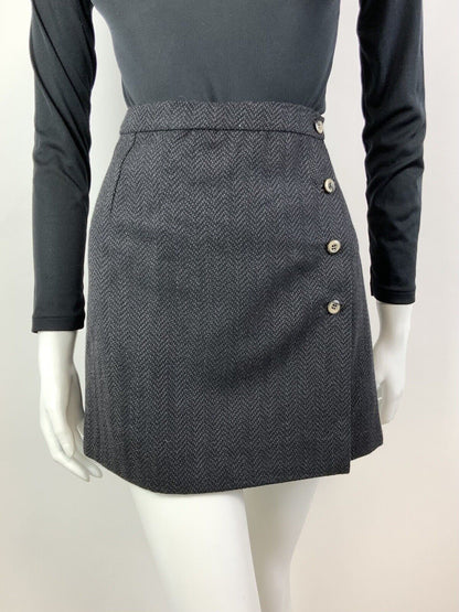 VINTAGE 60s 70s CHARCOAL GREY ZIG-ZAG MOD PREPPY WORKING GIRL WRAP SHORT SKIRT 8