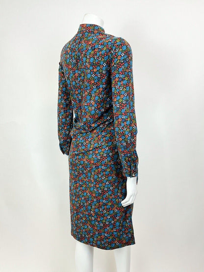 VINTAGE 60s 70s BLUE GREEN ORANGE DITSY FLORAL ROSE MOD SHIFT DRESS 10 12