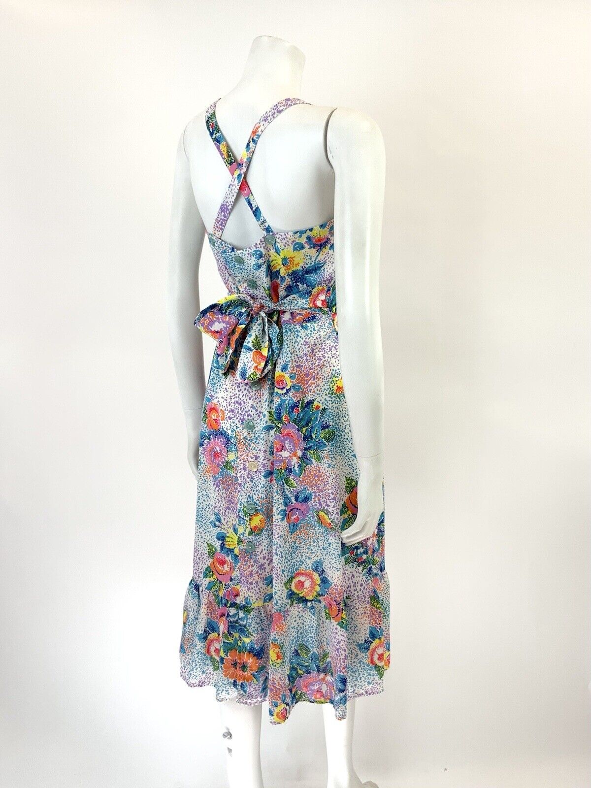 VTG 60s 70s WHITE BLUE PINK PURPLE FLORAL POINTILLISM PSYCHEDELIC SUN DRESS 8 10