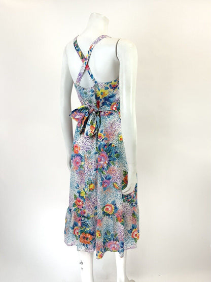 VTG 60s 70s WHITE BLUE PINK PURPLE FLORAL POINTILLISM PSYCHEDELIC SUN DRESS 8 10