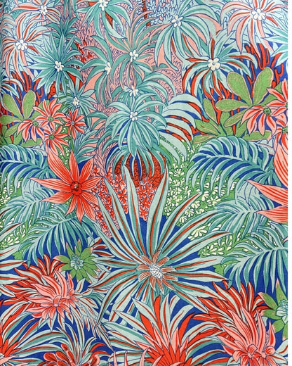 VINTAGE 60s 70s BLUE RED PEACH PSYCHEDELIC PALM LEAF FLORAL CAPED MAXI DRESS 14