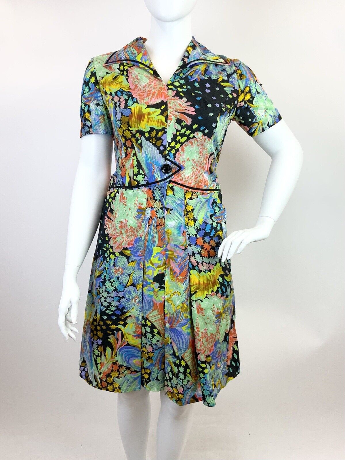 VINTAGE 60s 70s BLACK MULTICOLOURED PSYCHEDELIC ACID FLORAL LEAFY SHIRT DRESS 18