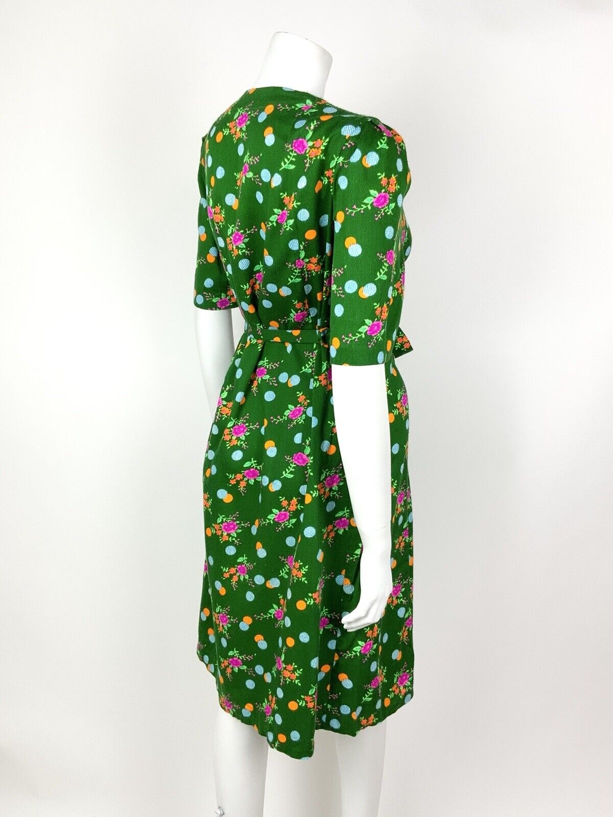 VINTAGE 60s 70s GREEN PINK ORANGE BLUE DOTTY FLORAL BELTED DRESS 14 16