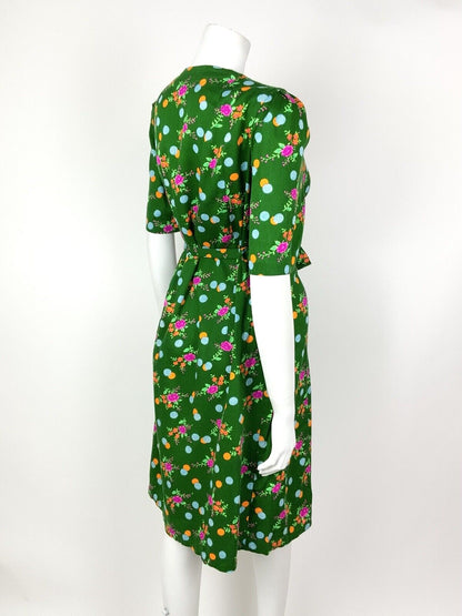 VINTAGE 60s 70s GREEN PINK ORANGE BLUE DOTTY FLORAL BELTED DRESS 14 16