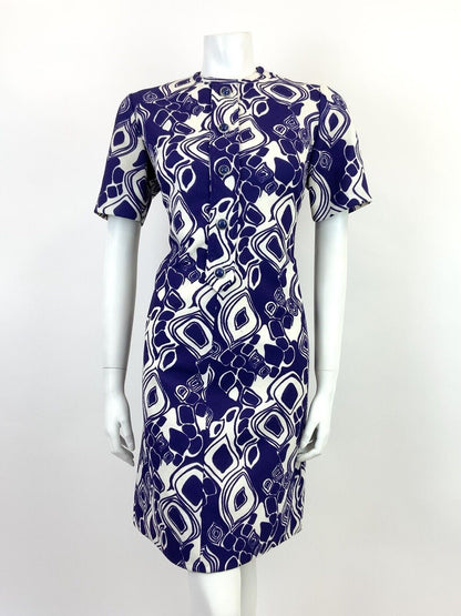 VINTAGE 60s 70s VIOLET PURPLE WHITE PSYCHEDELIC GEOMETRIC MOD SHORT DRESS 10 12
