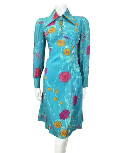 VINTAGE 60s 70s TEAL BLUE PINK ORANGE STRIPED FLORAL DAGGER SHIRT DRESS 10