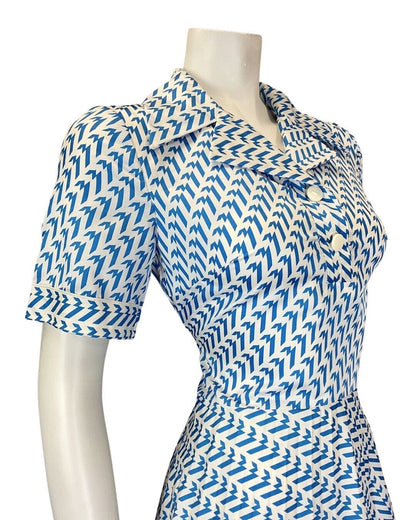 VINTAGE 60s 70s BLUE WHITE STRIPED ZIG-ZAG GEOMETRIC MOD SHIRT SWING DRESS 10