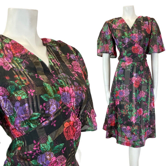 VINTAGE 60s 70s BLACK PINK PURPLE PLAID FLORAL ROSE SHEER SWING TEA DRESS 10 12