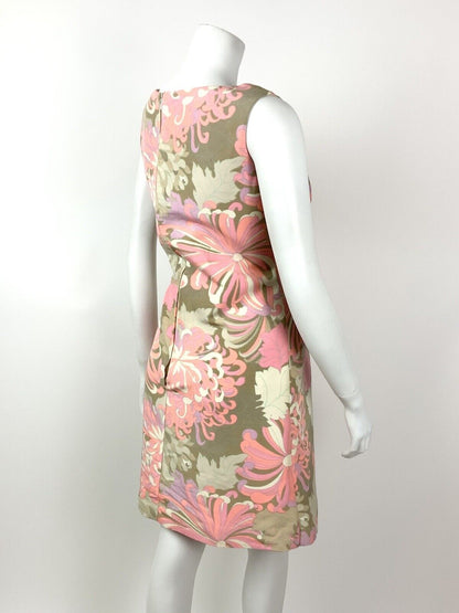 VINTAGE 60s 70s NEON PINK PURPLE BEIGE BROWN PSYCHEDELIC FLORAL WRAP DRESS 12