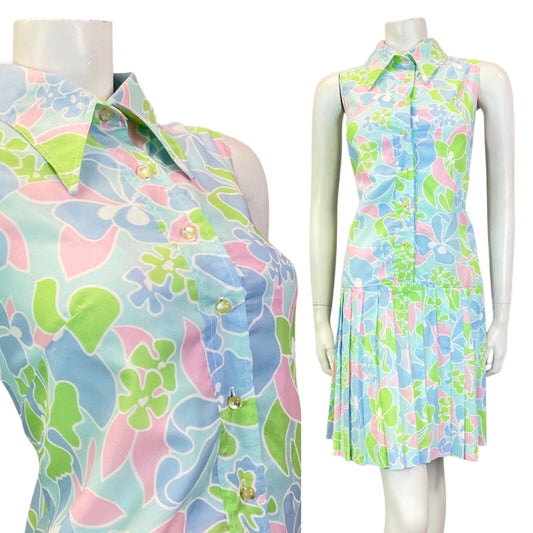 VTG 60s 70s BLUE GREEN PINK FLORAL DROP-WAIST PLEATED DAGGER SHIRT DRESS 10 12