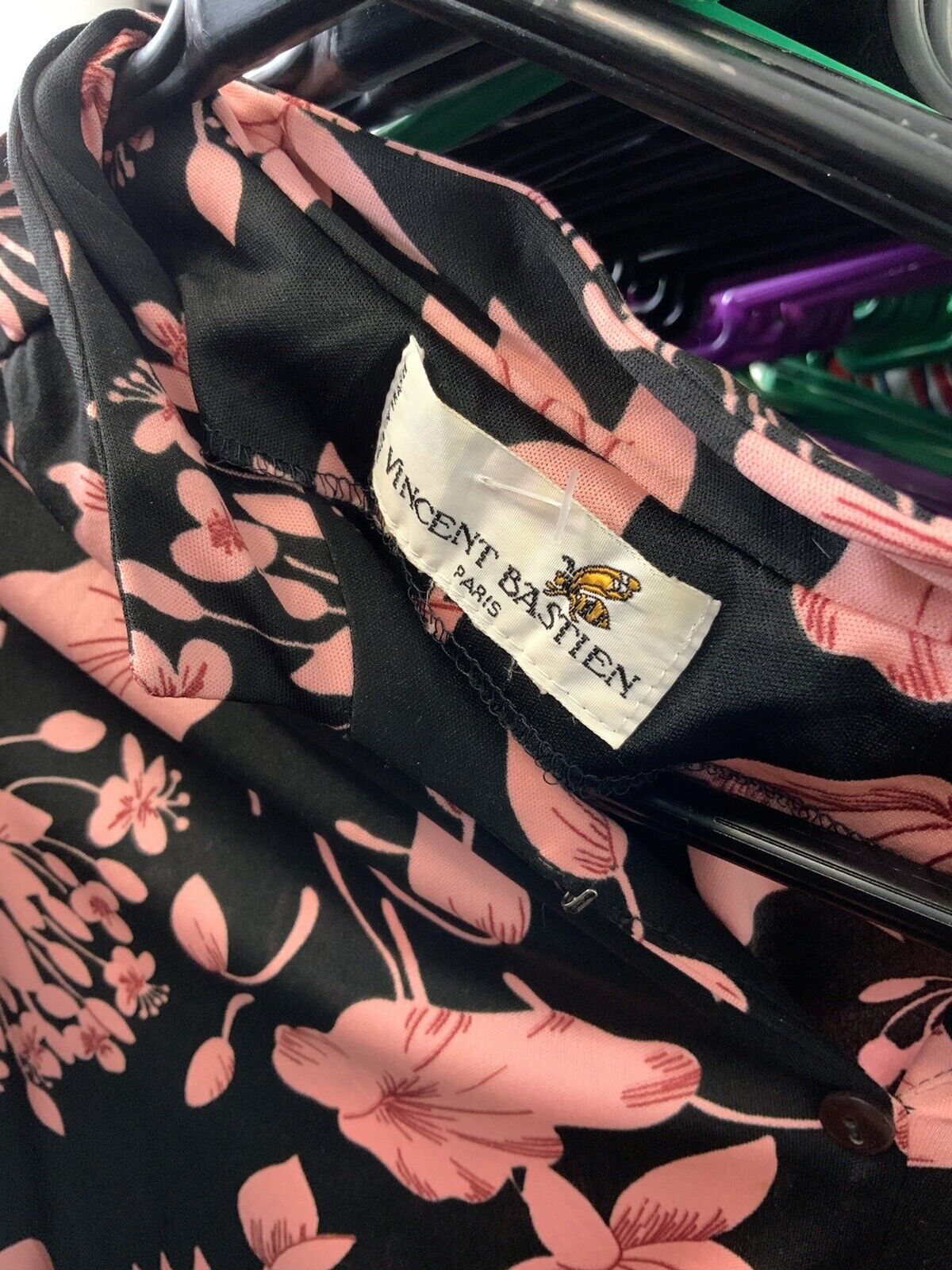 VTG 60s 70s BLACK BABY PINK RED FLORAL MANDARIN COLLAR BLOUSON SHIRT DRESS 12 14