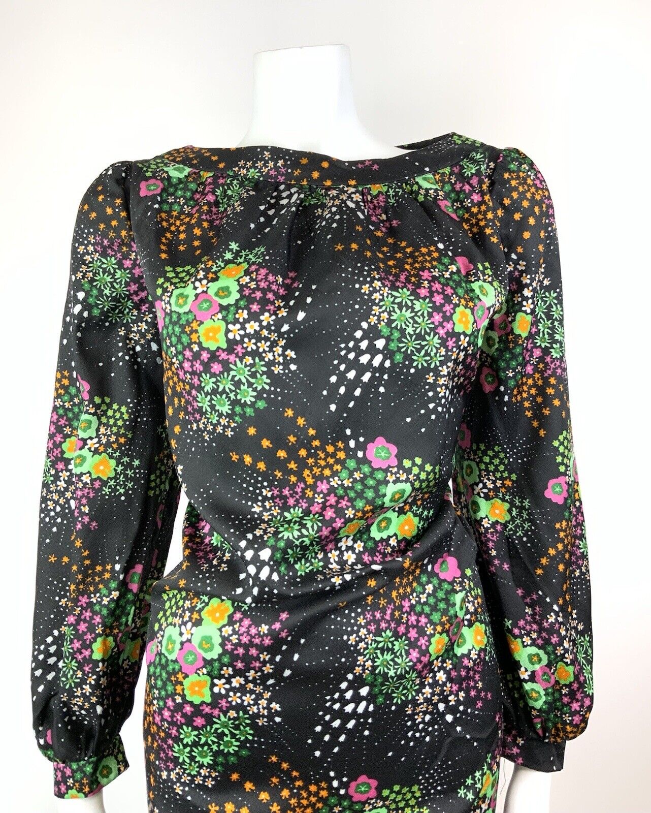 VTG 60s 70s BLACK GREEN PINK WHITE DOTTY FLORAL PSYCHEDELIC SHIFT DRESS 14 16
