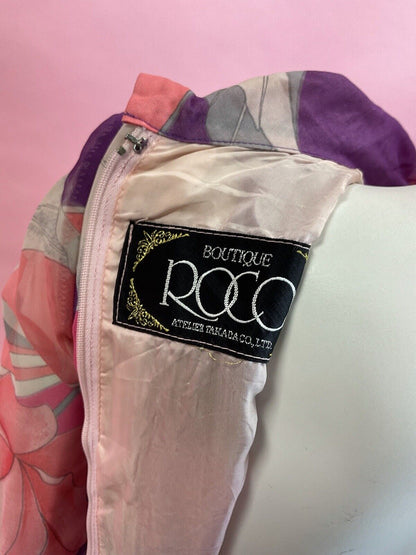 VINTAGE 60s 70s PINK PURPLE SILVER FLORAL LEAFY SHEER PLEATED SWING SILK DRESS 8