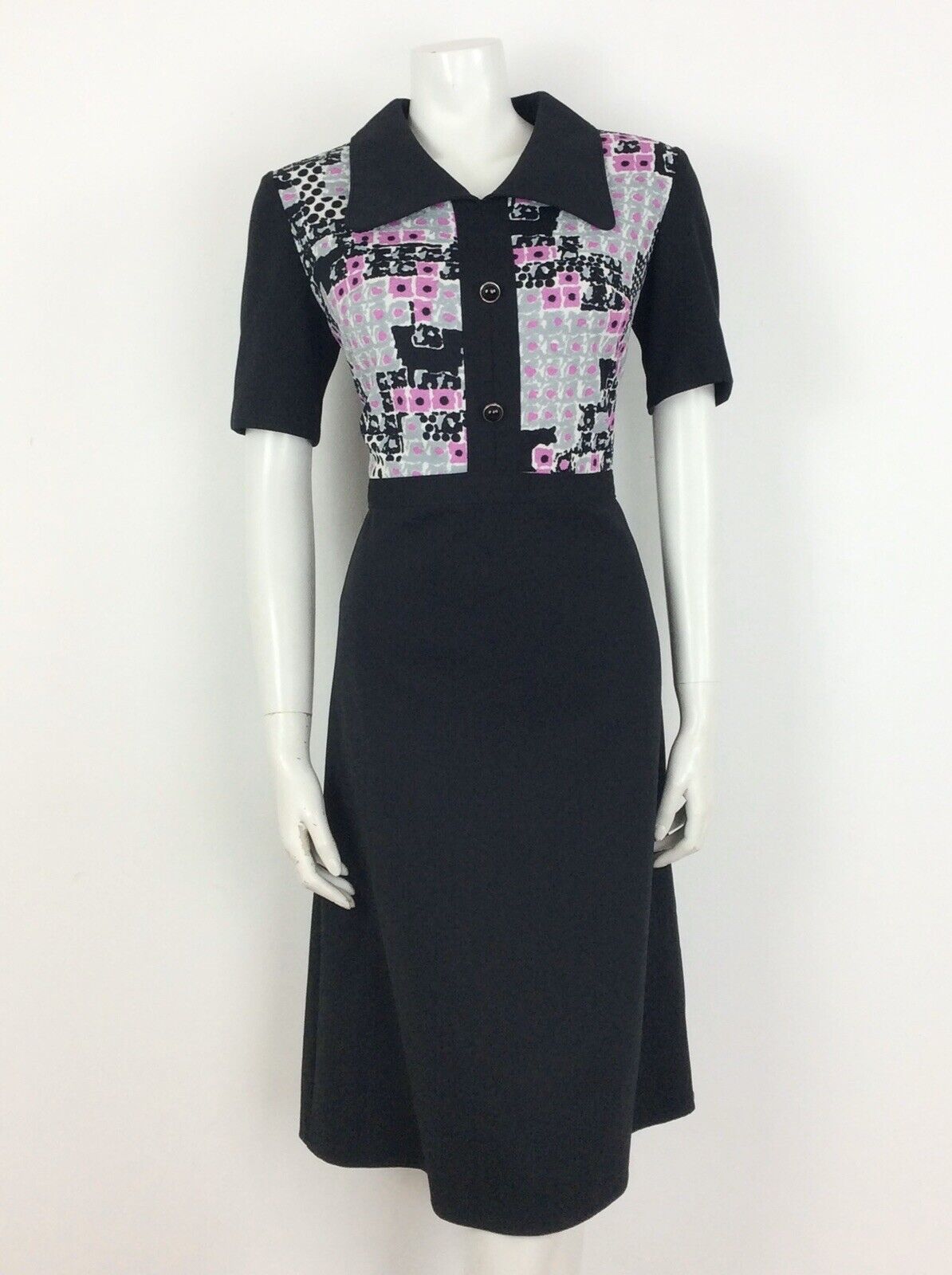 VINTAGE 60S BLACK PINK GREY WHITE ABSTRACT DAGGER COLLAR DRESS 14