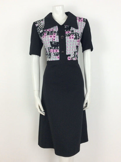 VINTAGE 60S BLACK PINK GREY WHITE ABSTRACT DAGGER COLLAR DRESS 14