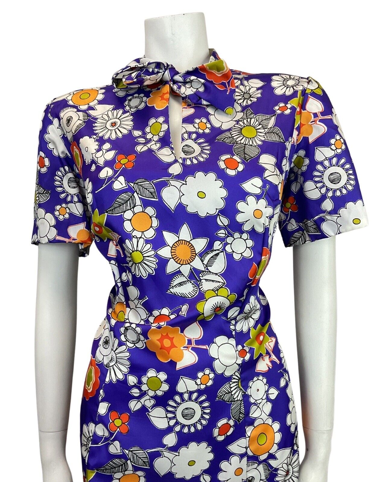 VINTAGE 60s 70s PURPLE WHITE ORANGE FLORAL DAISY PUSSYBOW MOD DRESS 14