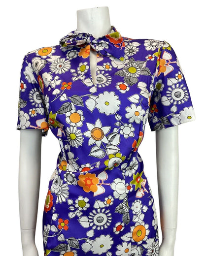 VINTAGE 60s 70s PURPLE WHITE ORANGE FLORAL DAISY PUSSYBOW MOD DRESS 14