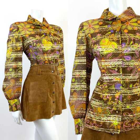 VTG 60s 70s BROWN PINK GREEN GOLD PSYCHEDELIC FLORAL STRIPED DAGGER SHIRT 14 16