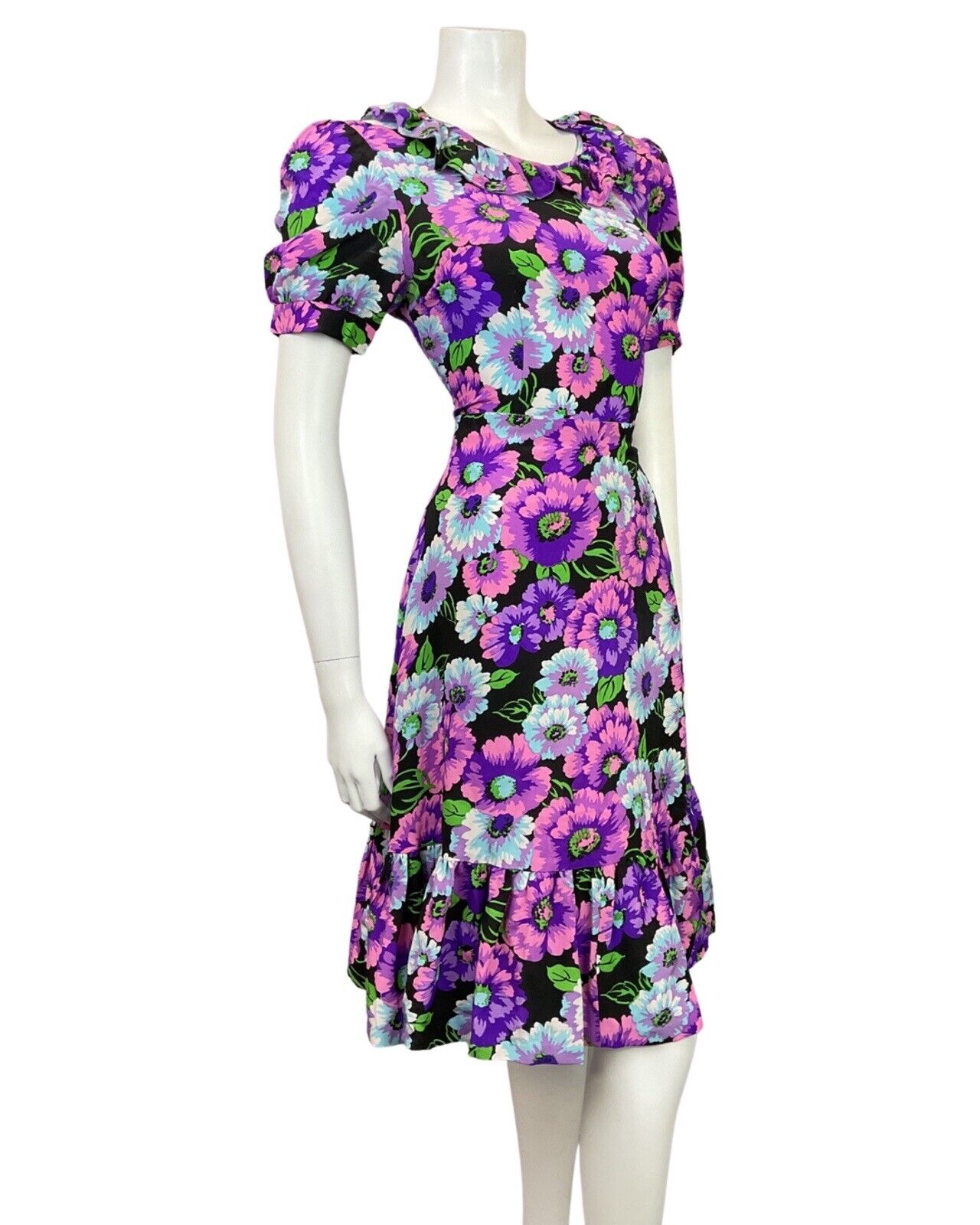 VINTAGE 60s 70s PURPLE BLUE BLACK PINK FLORAL RUFFLE SWING DRESS 14 16