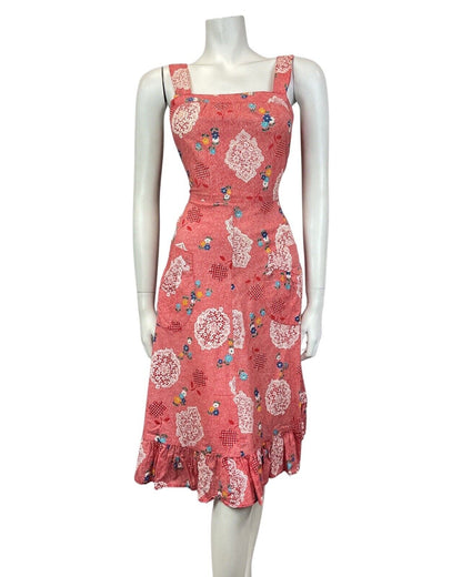 VINTAGE 60s 70s RED WHITE STRIPED DITSY FLOWER LACE PRAIRIE APRON SUN DRESS 8