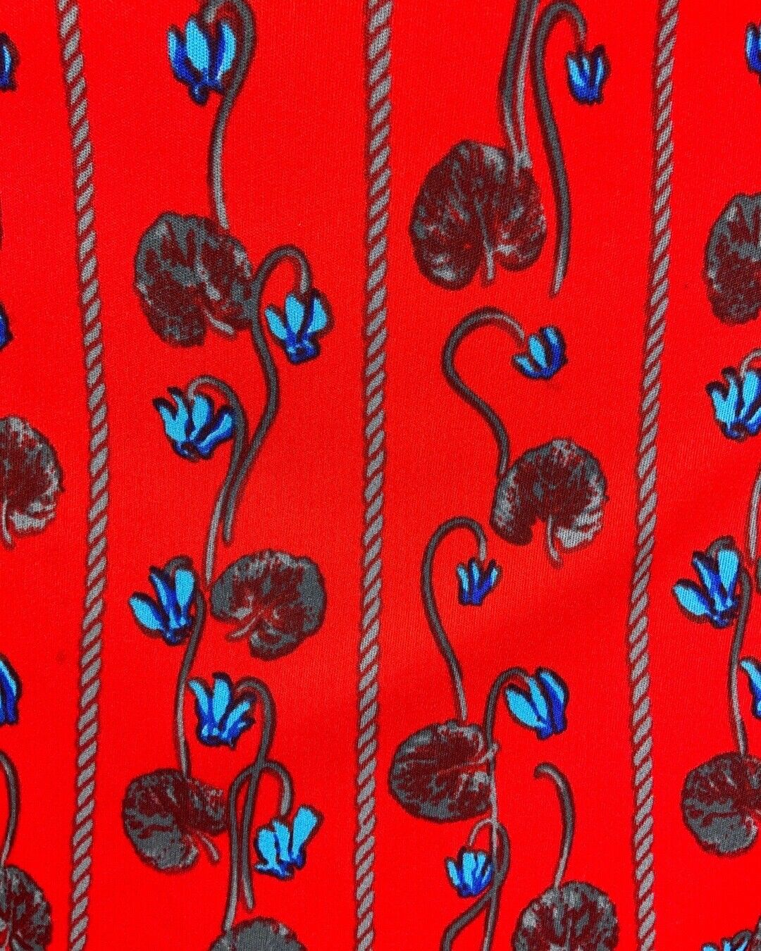 VINTAGE 60s 70s RED BLUE GREY FLORAL ROPE STRIPED LONG SLEEVE SWING DRESS 14