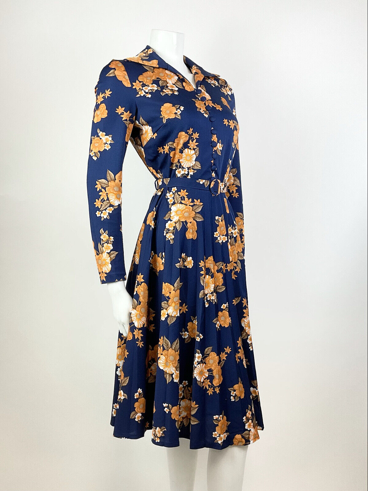 VTG 60s 70s BLUE ORANGE BROWN WHITE FLORAL PLEATED WING COLLAR SHIRT DRESS 12