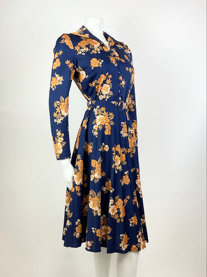 VTG 60s 70s BLUE ORANGE BROWN WHITE FLORAL PLEATED WING COLLAR SHIRT DRESS 12