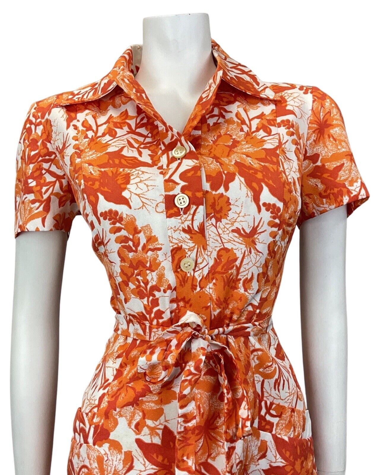 VINTAGE 60s 70s ORANGE RED WHITE FLORAL PSYCHEDELIC BELTED SHIRT DRESS 12 14