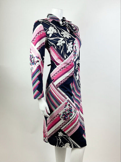 VINTAGE 60s 70s BLUE PINK WHITE PSYCHEDELIC STRIPED FLORAL BOW SHIRT DRESS 14 16