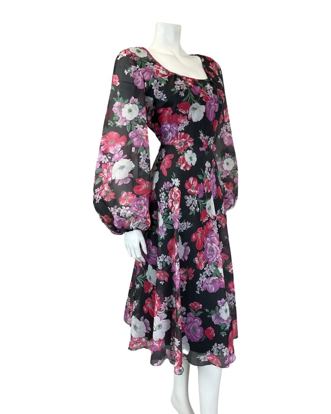 VINTAGE 60s 70s BLACK PINK PURPLE FLORAL SHEER FLOATY MIDI SWING DRESS 10
