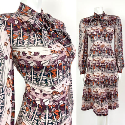 VTG 60s 70s PURPLE PINK ORANGE LEAFY TREE VINE PSYCHEDELIC PUSSYBOW DRESS 14 16