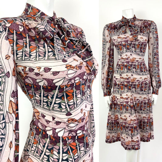 VTG 60s 70s PURPLE PINK ORANGE LEAFY TREE VINE PSYCHEDELIC PUSSYBOW DRESS 14 16