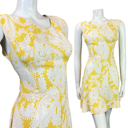 VINTAGE 60s 70s SUNSHINE YELLOW WHITE FLORAL PAISLEY MOD SLEEVELESS DRESS 10 12
