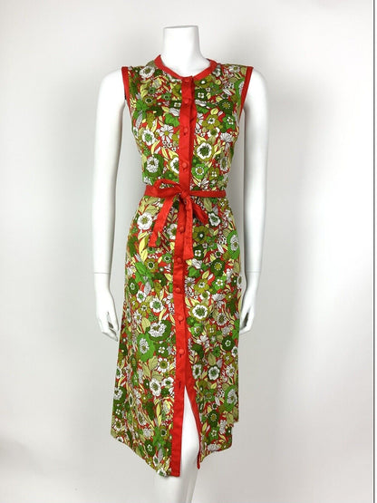 VTG 60s 70s GREEN RED WHITE PSYCHEDELIC FLORAL BELTED SLEEVELESS MOD DRESS 10 12