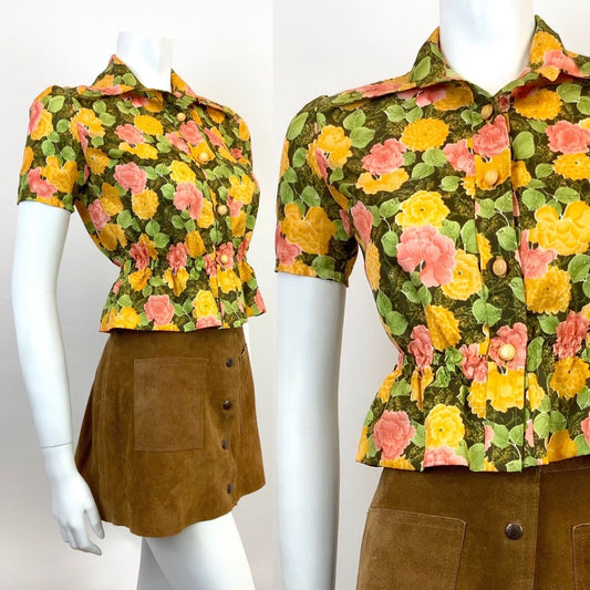 VINTAGE 60s 70s GREEN YELLOW PINK FLORAL CROPPED DAGGER SHIRT BLOUSE 8
