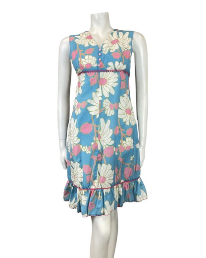 VINTAGE 60s 70s BLUE PINK WHITE DAISY FLOWER EMPIRE LINE MOD DRESS 10 12
