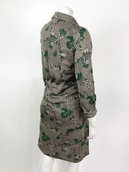 VINTAGE 60s 70s BROWN GREEN BLACK LEAF TREE CHURCH SHIRT DRESS 12