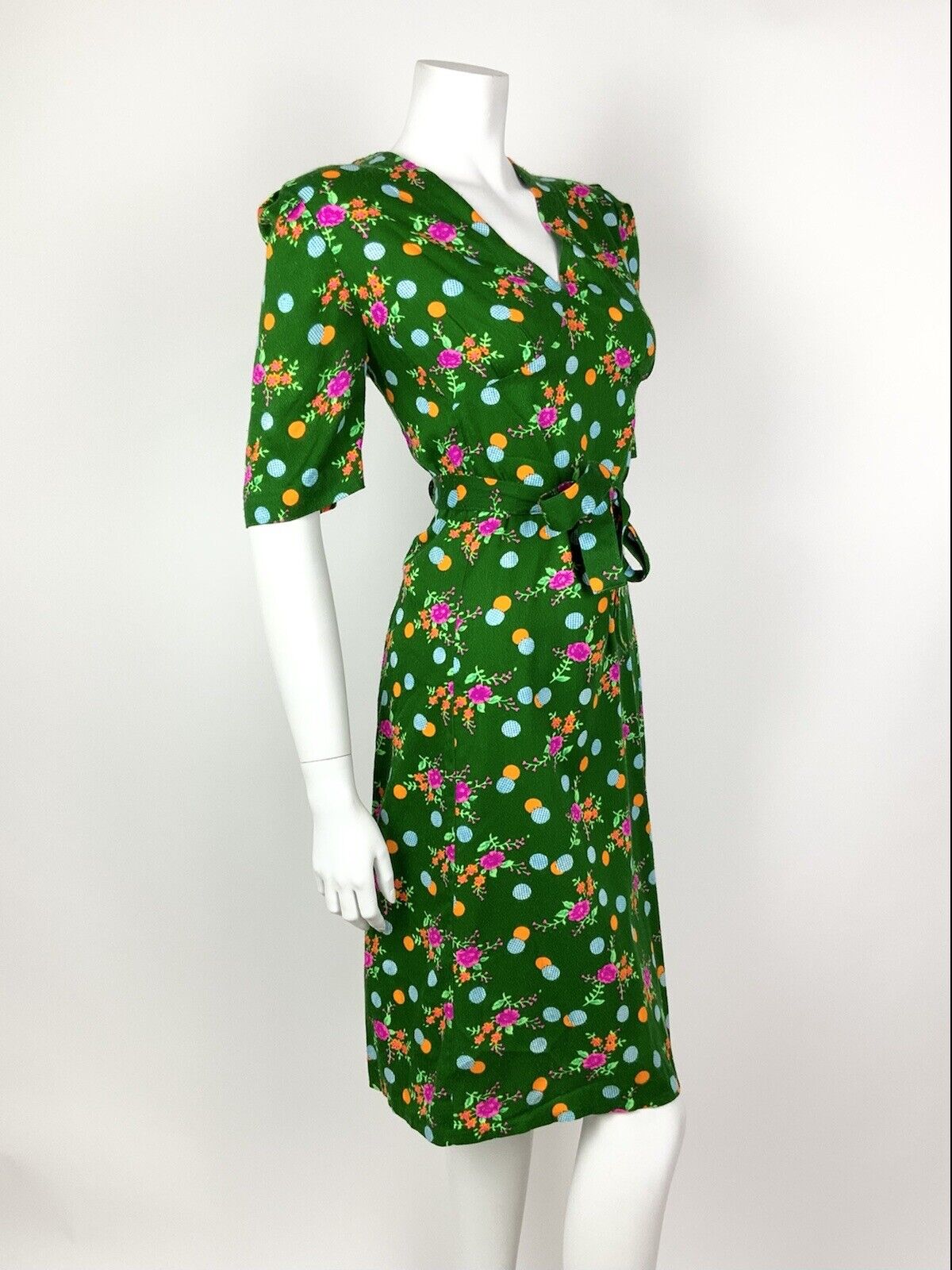 VINTAGE 60s 70s GREEN PINK ORANGE BLUE DOTTY FLORAL BELTED DRESS 14 16